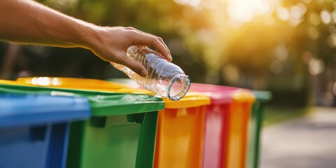 A hand drops a plastic bottle into a colorful recycling bin, emphasizing the importance of recycling and environmental responsibility.
