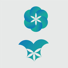 Abstract green floral clover design with heart shaped leaves and butterfly elements