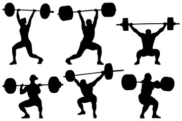 Weightlifting. Men and women lifting barbells. Athlete silhouette set. Vector illustration.