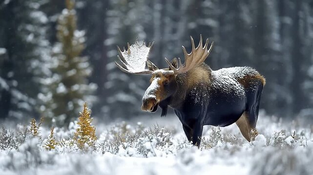bull moose eating in a winter forest, at jasper national park, alberta video