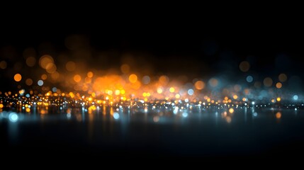Brilliant orbs of orange and cyan light create a shimmering reflection on a dark surface