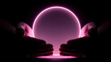 Human hands cradle a glowing neon ring emitting bright magenta light
