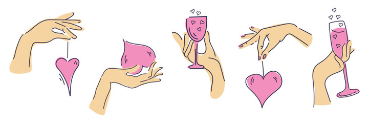 Elegant doodle illustration of female hands holding hearts and glasses. Romantic minimalist design in pastel tones. Perfect for Valentine’s Day cards, stickers, diaries, and scrapbook decor.