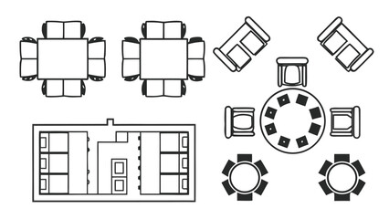 CAD Furniture Symbols in Top View, Chairs, Sofa, and Armchairs Outline Icons for Interior Design, Architecture, and Floor Plan Drawings