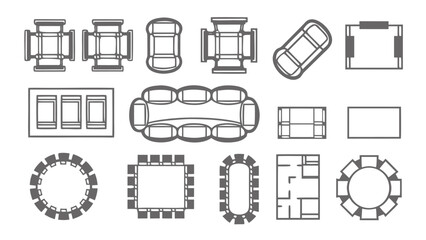 CAD Furniture Symbols in Top View, Chairs, Sofa, and Armchairs Outline Icons for Interior Design, Architecture, and Floor Plan Drawings
