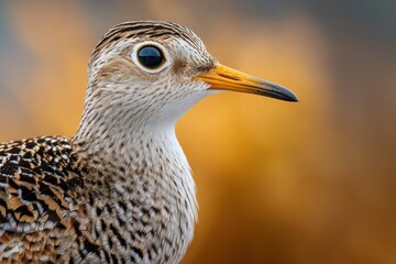 Obraz premium Upland Sandpiper: Close-up View of the Avian Beauty in Nature with a Softly Blurred Background