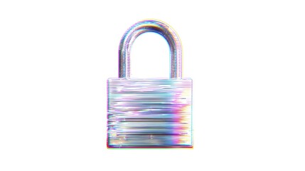 Metallic padlock icon displays digital glitch distortion effect on a white background