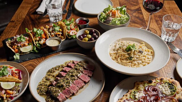 Steak and vegetables sizzling in a skillet on a rustic table setting, capturing the hearty concept of American comfort food, perfect for cooking show backgrounds or restaurant advertisements.