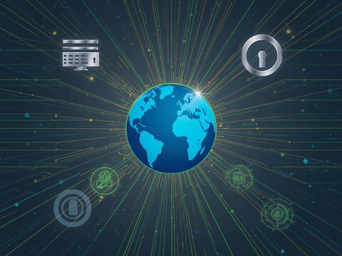 Global cybersecurity network with glowing lights, digital security and data protection for modern tech companies, network integrity