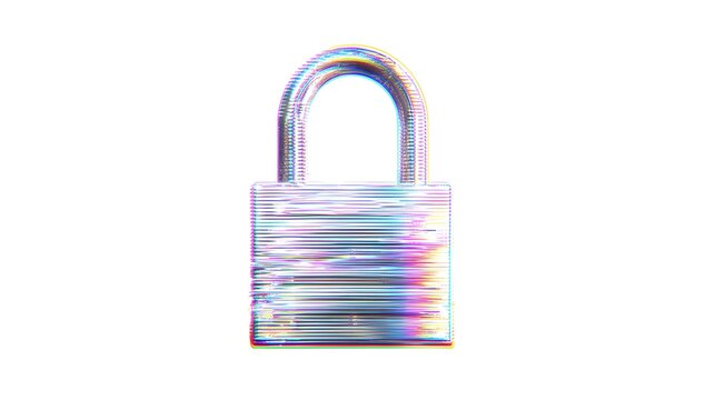 Metallic padlock icon displays digital glitch distortion effect on a white background