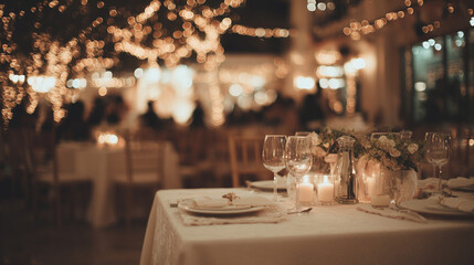 Elegant restaurant table set for a festive dinner, creating a cozy and inviting atmosphere. Perfect for catering promotions and holiday celebrations.