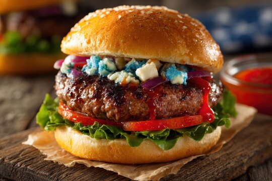 Homemade American BBQ Burgers for Memorial Day Celebration with Blue Buns