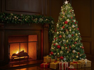 Experience the magic of Christmas with a beautifully decorated tree and cozy fireplace, perfect for festive holiday celebrations and warm family moments