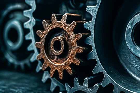 A set of gears, one rusted. Coming to a halt. Rotating machine parts with teeth to transmit motion and torque. Industrial background. Abstract shutdown, teamwork or maintenance design element.