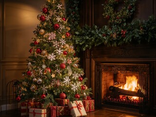 Experience cozy Christmas magic by the fireplace with a beautifully decorated tree and festive gifts, creating warm holiday memories