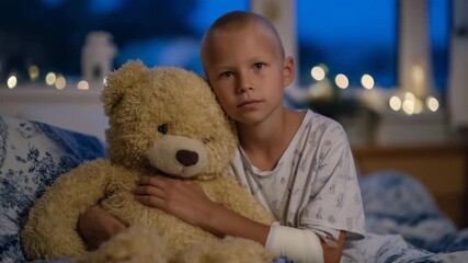 A small bald child in a pale hospital gown hugging a soft teddy bear tightly, medical plaster visible on his arm, soft warm light creating comforting atmosphere