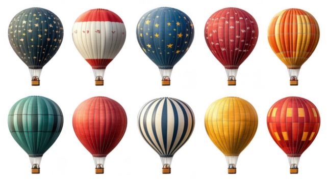 Collection set of colorful hot air balloons isolated on transparent or white background