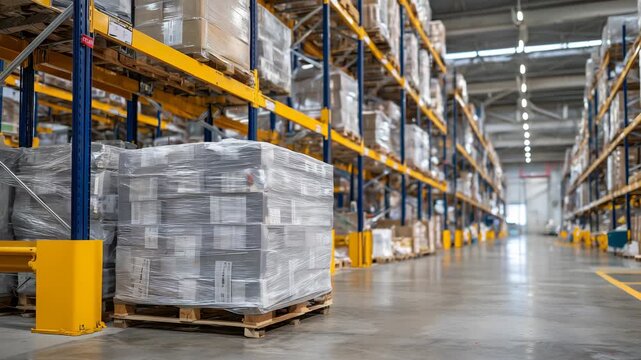 A full pallet of neatly wrapped food products on concrete warehouse floor, high industrial racks stretching into distance, organized storage environment