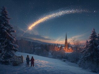 Magical winter scene with children watching shooting star over snow-covered village, creating warm holiday memories and hopeful anticipation