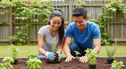 Asian couple planting herbs in garden, gardening and sustainability in home backyard