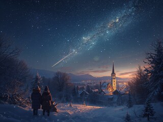 Magical winter night scene with children watching a shooting star over a snow covered village with a church, creating a sense of wonder and peace