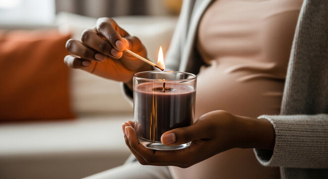 Pregnant woman lighting scented candle in cozy home interior, relaxation and self-care during pregnancy