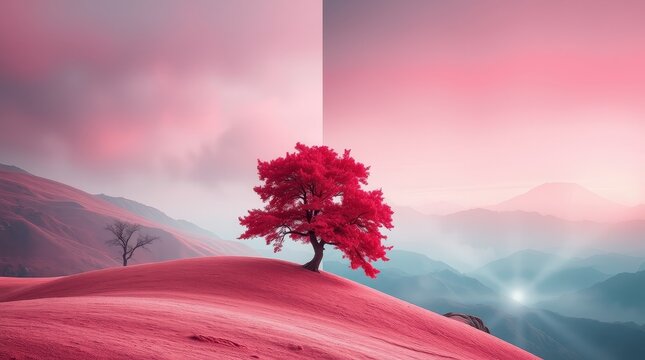 Vibrant red tree stands alone in surreal landscape at dawn with pink skies and distant mountains