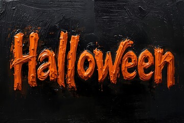 Textured oil painting of Happy Halloween lettering in bright orange on dark oil painted background, festive art, Hand painting text.