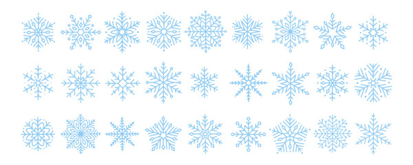 Cute minimalistic snowflakes collection. Festive winter holiday decorations for Christmas and New Year. Flat vector illustration on white background
