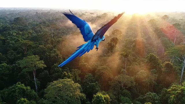Blue macaw parrot bird flying over misty tropical rainforest sunrise with majestic dramatic light