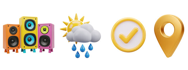 Colorful 3d icons set: speakers, rainy weather, checkmark, and location pin for digital design concepts.