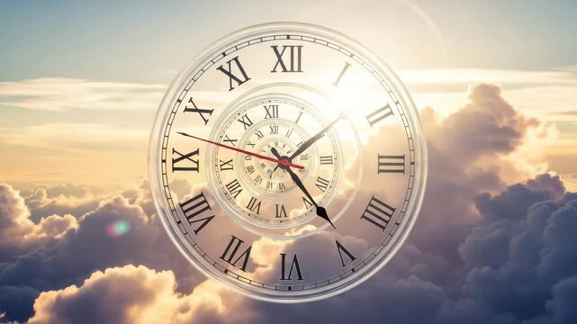 A clock face with roman numerals is superimposed over a cloudy sky at sunset