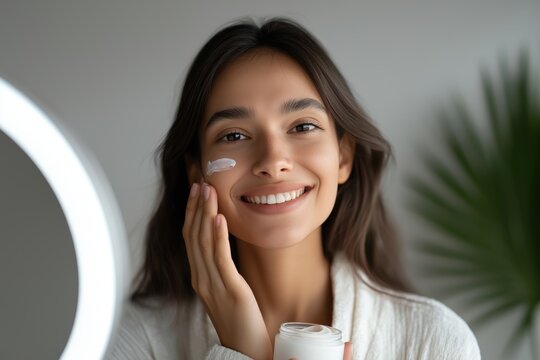 Smiling Woman Applying Face Cream in Front of a Ring Light