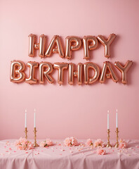 Rose Gold Foil Balloon Letters on Blush Pink Birthday Background