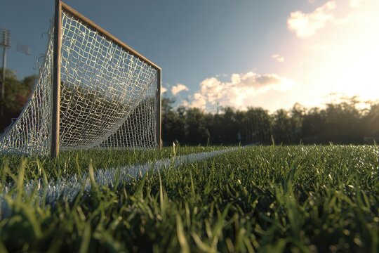Lacrosse Goal on Green Turf: Sport Field Landscape Featuring Nets and Grass