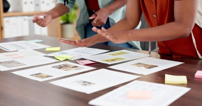 Hands, planning and business people with documents in meeting, marketing chart or idea. Team, talk and paper for advertising, creative brainstorming or brand strategy with sticky note data in office
