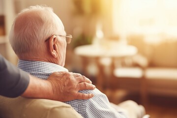 Caregiver's Hand on an Elderly Man's Shoulder at Sunset