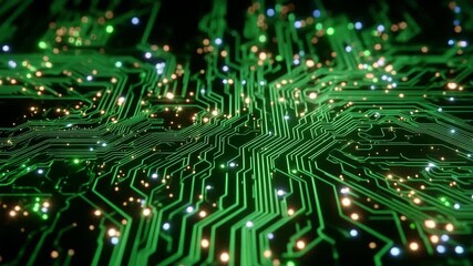Close-up of intricate green circuit board with glowing pathways, microchips, and fine soldering details, representing modern technology and advanced engineering - Powered by Adobe