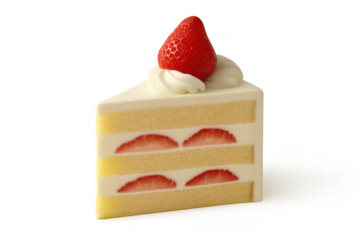 Strawberry shortcake slice with whipped cream on transparent background