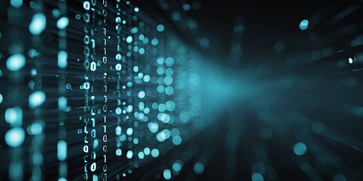 Digital Matrix Visualization: An intricate web of binary code particles illuminates, creating a futuristic visual narrative of technological advancement and digital connectivity.