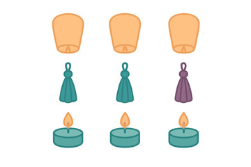 Chinese sky lanterns, ornamental tassels, and small tealight candles icon set