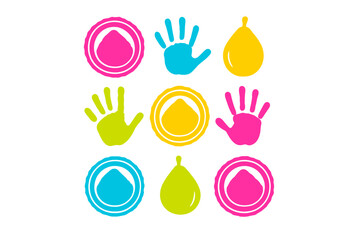 Vibrant abstract pattern featuring handprints, powder piles, and water drops for Holi festival