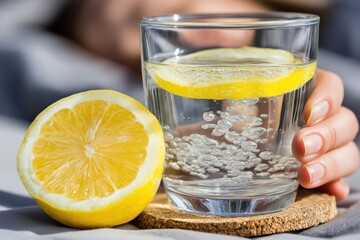 Fototapeta premium Refreshing Glass of Detox Water with a Fresh Lemon Slice
