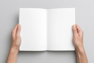 Obraz premium Hands Holding Open Blank Booklet Mockup: Person Presenting a Clean White Magazine, Brochure, or Book with Two Empty Pages on a Gray Background