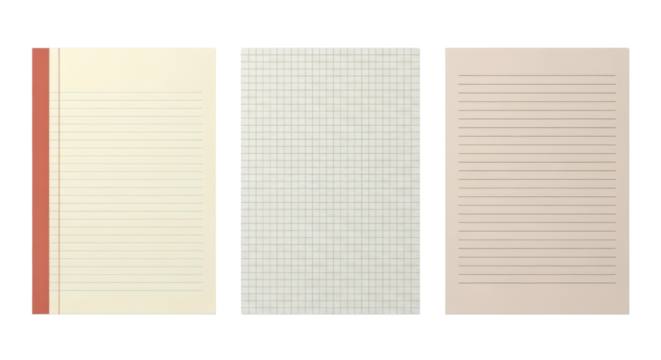 Notebook pages with lined, grid, and plain paper isolated PNG with Transparent Background