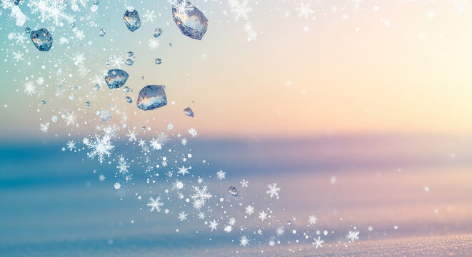 Blurred image with snowflakes and diamond shapes on blue-peach background, suggesting winter or ice themes, cold feeling, or holiday celebration