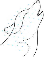 Stylized Howling Wolf Head with Connected Nodes Digital Art Illustration on White Background representing interconnectedness and the wild spirit in a technological age concept