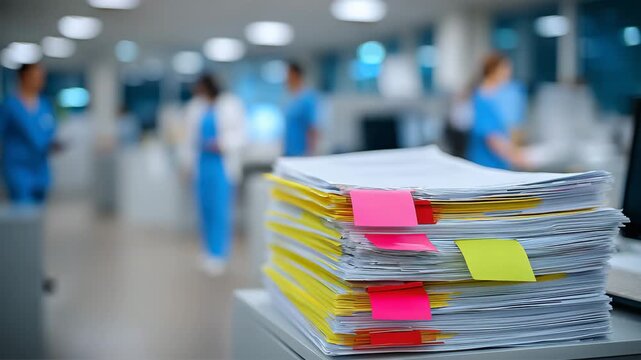 Close-up view of piled healthcare documentation, patient files with visible labels and colored tabs, soft focus on background medical equipment