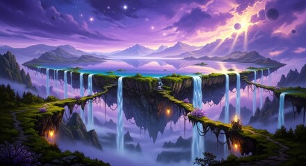 Fototapeta premium Fantasy Floating Islands with Waterfalls and a Purple Sky.