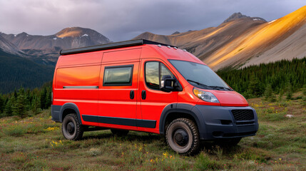 Red adventure camper van parked in a stunning mountain valley at golden hour, ready for off-grid travel and exploration.